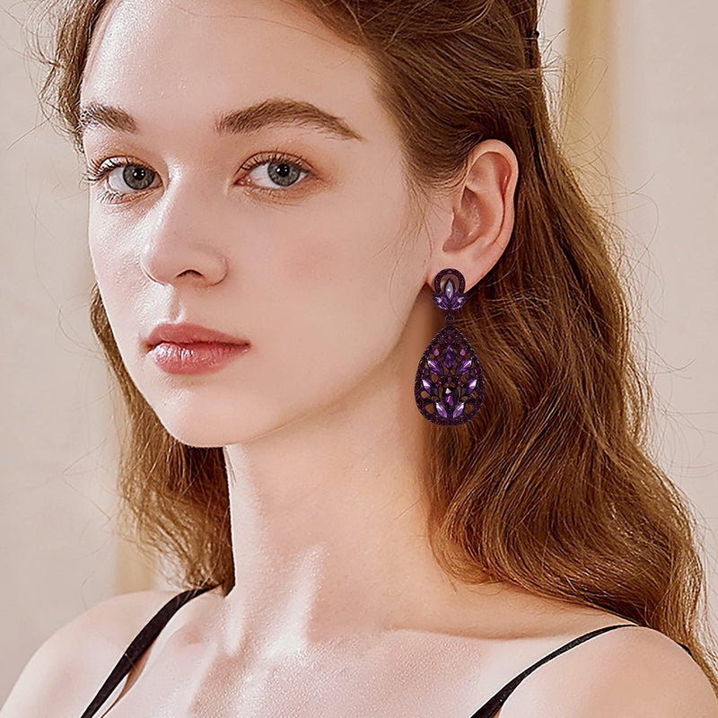 EleQueen Women's Wedding Bridal Austrian Crystal Bohemia Teardrop Chandelier Dangle Earrings Amethyst Color - Image 4